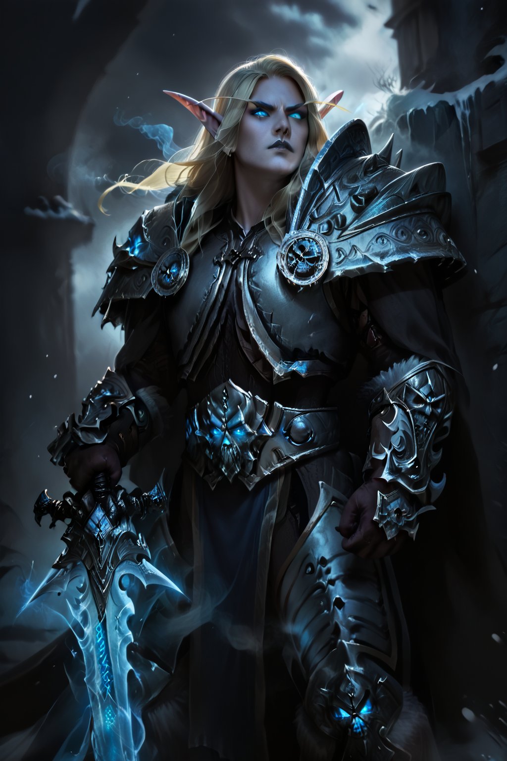 Score_9, score_8_up, score_7_up,Expressiveh,concept art,dark theme,Extremely Realistic, realistic, masterpiece, 1boy, elf, pure white skin, highly detailed face, perfect face, scowl, long blonde hair, pointy ears, wearing arth4s armor, glowing blue eyes, wielding, blue smoke, grey lips, blue energy  drifting upward from eyes, (,bldelf, no pupils, glowing eyes, colored sclera), winter winds, snowy breeze, duel wield, runeaxe, 