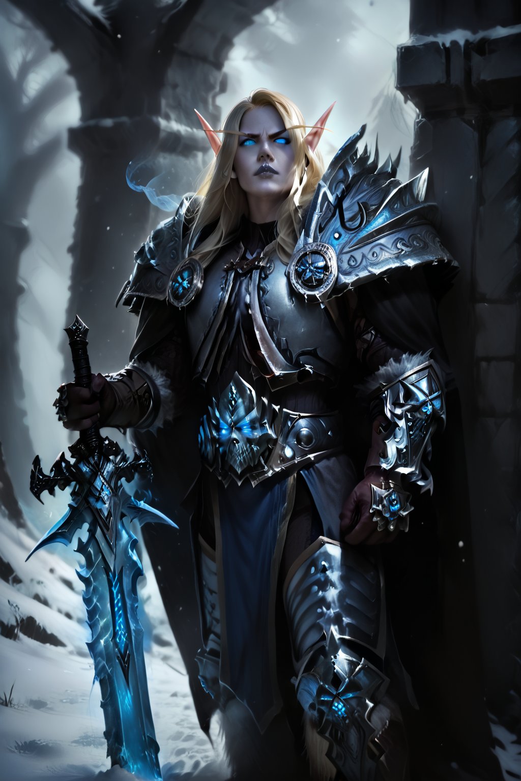 Score_9, score_8_up, score_7_up,Expressiveh,concept art,dark theme,Extremely Realistic, realistic, masterpiece, 1boy, elf, pure white skin, highly detailed face, perfect face, scowl, long blonde hair, pointy ears, wearing arth4s armor, glowing blue eyes, wielding runeblade, blue smoke, grey lips, blue energy  drifting upward from eyes, (,bldelf, no pupils, glowing eyes, colored sclera), winter winds, snowy breeze, duel wield, runeaxe, 