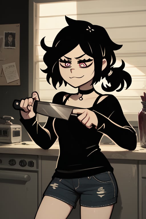 Score_9, score_8_up, score_7_up, masterpiece, 16k, ashley graves,
BREAK
black hair, black shirt, denim shorts, mischevious smile, 
BREAK
Indoors, cluttered apartment,
BREAK
Holding knife, 