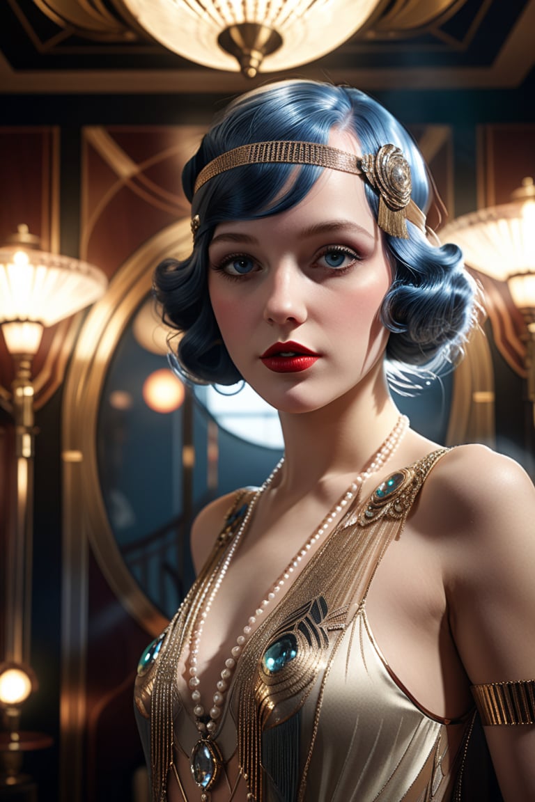 Photo realistic, mute colors, 20s style, flapper girl, art deco. cinematic lighting, smokey atmosphere, ethereal light, intricate details, extremely detailed, incredible details, full colored, complex details, hyper maximalist, gorgeous light and shadow, detailed decoration, detailed lines. masterpiece, best quality, HDR, UHD, unreal engine. looking at the camera, fair skin, beautiful face, beautiful eyes, perfect eyes, beautiful nose, full_body,