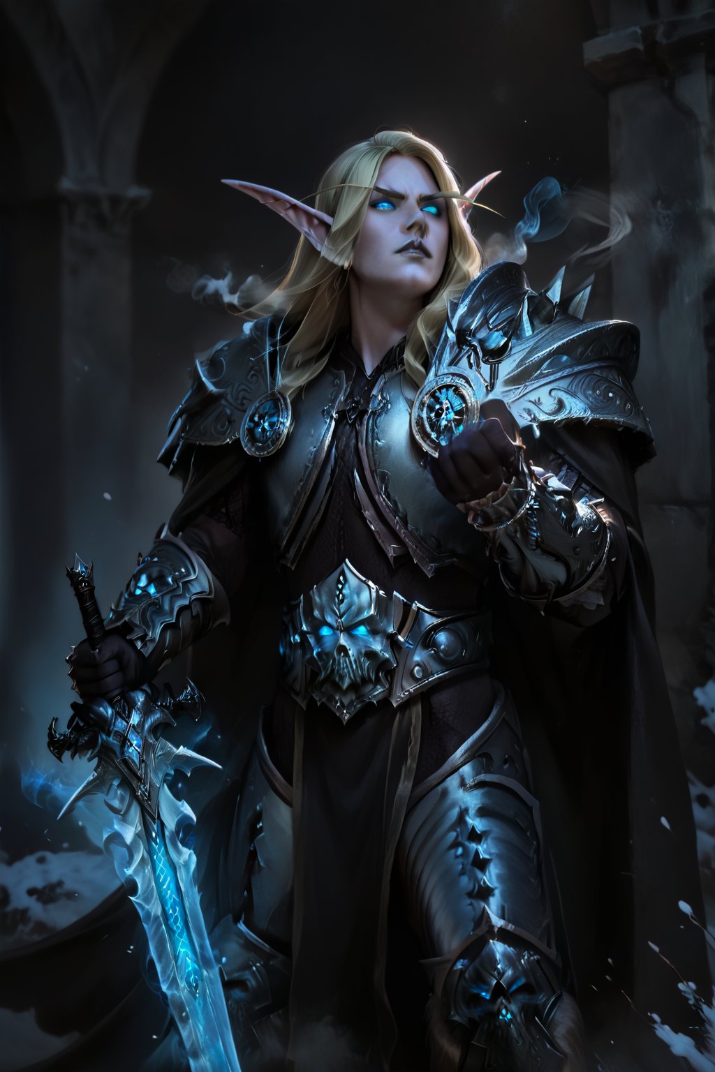 Score_9, score_8_up, score_7_up,Expressiveh,concept art,dark theme,Extremely Realistic, realistic, masterpiece, 1boy, elf, pure white skin, highly detailed face, perfect face, scowl, long blonde hair, pointy ears, wearing arth4s armor, glowing blue eyes, wielding, blue smoke, grey lips, blue energy  drifting upward from eyes, (,bldelf, no pupils, glowing eyes, colored sclera), winter winds, snowy breeze, duel wield, runeaxes,