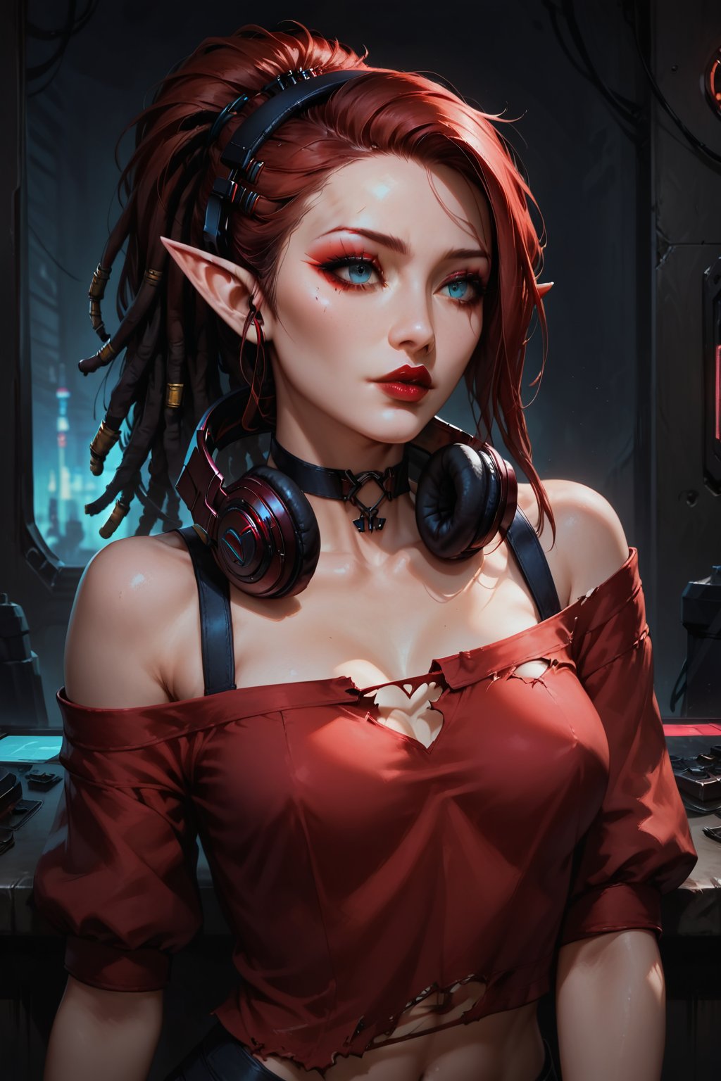 Score_9, score_8_up, score_7_up,Expressiveh,concept art,dark theme,Extremely Realistic, realistic, masterpiece, 1girl, cyberpunk bar, solo, red hair, red shirt, bare shoulders, upper body, ponytail, full lips, dreadlocks, hairband, choker, pointy ears, off shoulder, torn clothes, makeup, headphones, dark red lipstick, off-shoulder shirt, headphones around neck, gothic, red eyeshadow, elf, pointed ears, (,shadowrun_surface