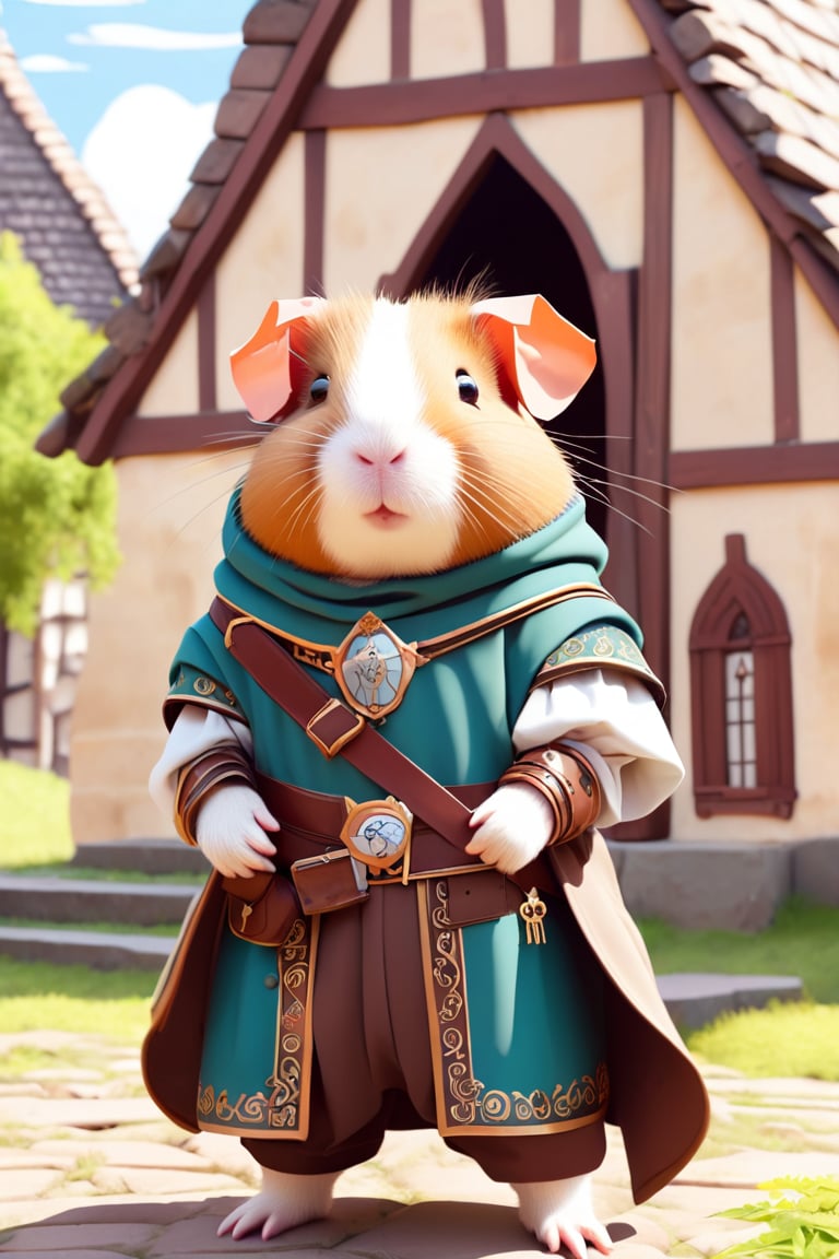 A anthropomorphic guinea pig wearing medieval style clothing standing in front of his medieval style home.