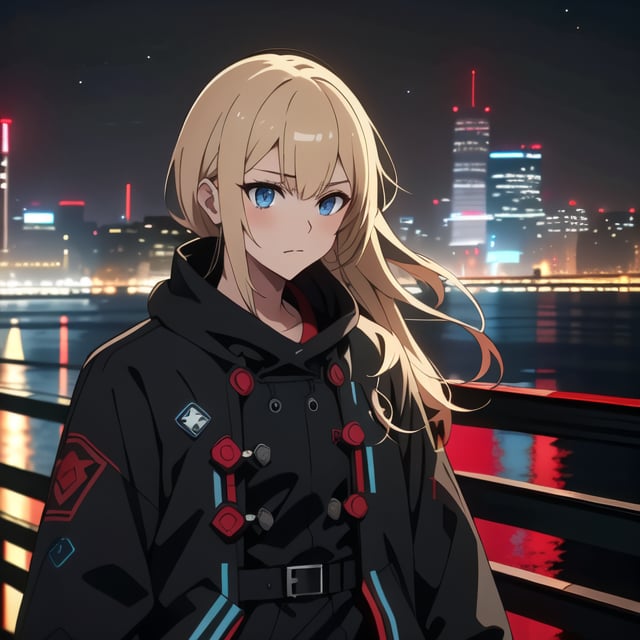 1girl, solo, long hair, bangs, blue eyes, blonde hair, Fleece-Lined Plaid Dress, black hair, closed mouth, upper body, multicolored hair,outdoors, two-tone hair, doomerboy, night, city,suzumura yu,cyberpunk, 