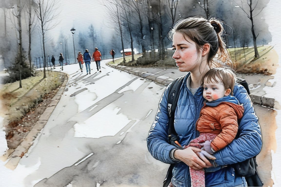 the most detailed watercolor drawing, a woman holg her her child on their way back from school, the most detailed image, many small details, image in the style of Jakub Rozalski, watercolor + ink + fine lines drawing, maximum detail of the face and eyes, best quality, (Masterpiece: 1.5), (best quality:1.5). elaboration of small details, maximum emphasis on faces,