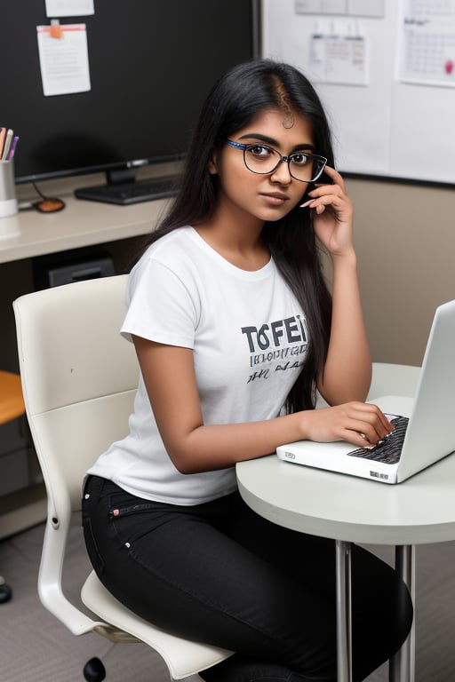 Indian girl age of 21 years,  sitting on a chair in her office working with a laptop on the office table and a cup of coffee beside the laptop the girl wearing a eye glass. girl wearing a white t-shirt and black jeans informal dress, 8k, uhd, full body, office environments