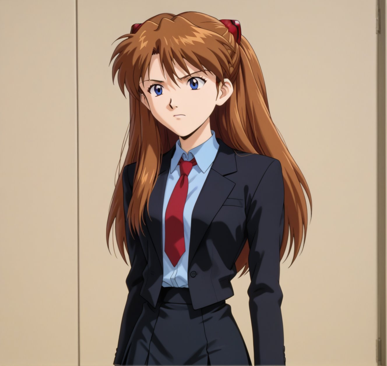 ASUKA LANGLEY SORYU,LONG HAIR,BLUE EYES,BROWN HAIR,HAIR ORNAMENT, black suit, black skirt, red tie,open sack, alone