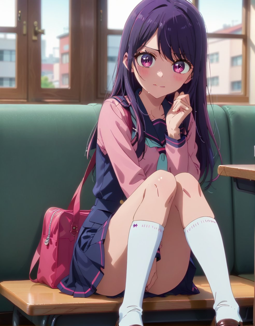 HOSHINO AI, girl cute, Uniform school,HOSHINOAI,long socks, streched legs, 