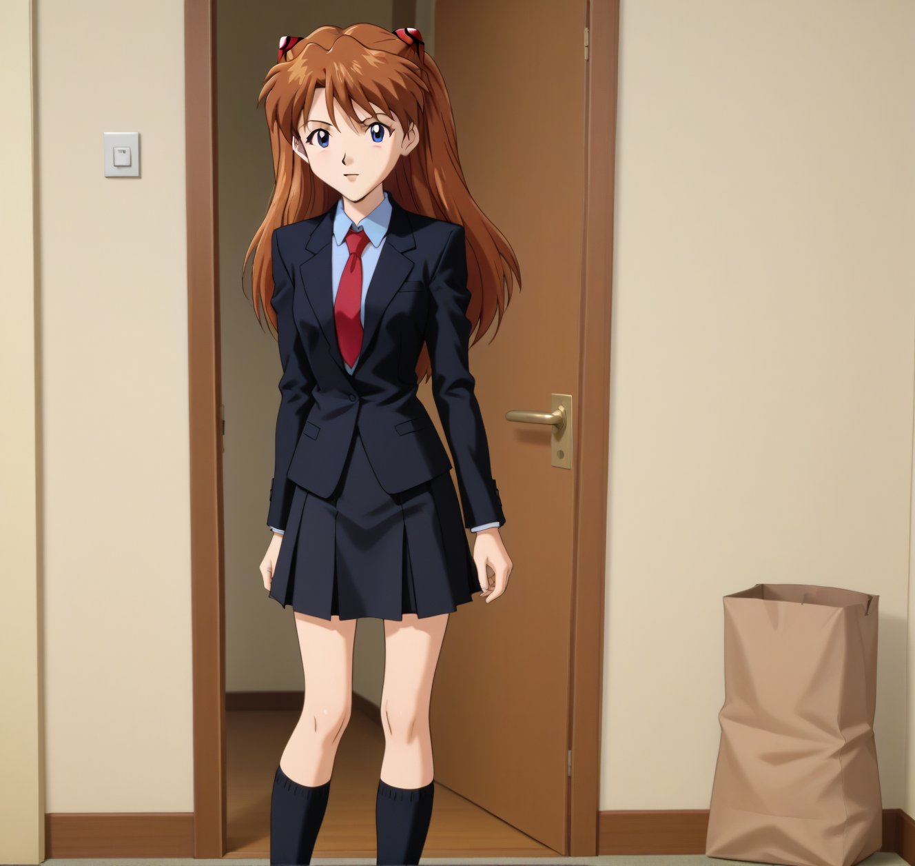 ASUKA LANGLEY SORYU,LONG HAIR,BLUE EYES,BROWN HAIR,HAIR ORNAMENT, black suit, black skirt, red tie,open sack, alone, in the house, long socks , streched legs ,cute