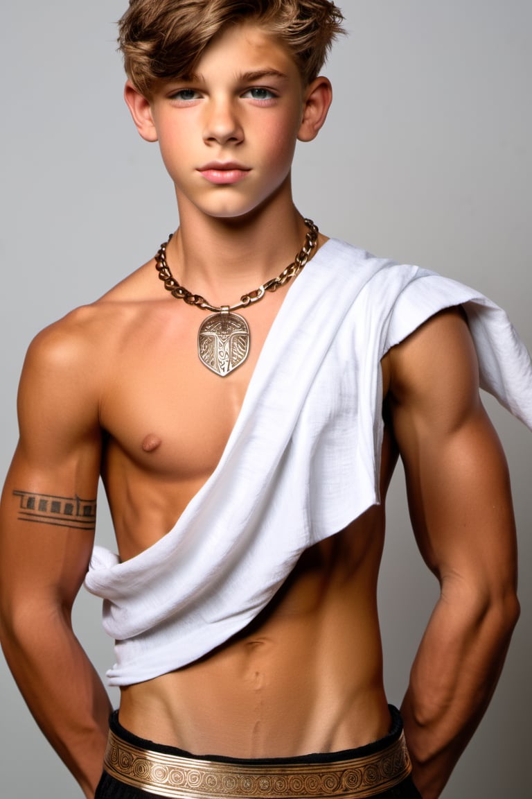 A stunning 14-year-old boy with a slender yet muscular physique stands confidently,  showcasing his chiseled eight-pack ab...