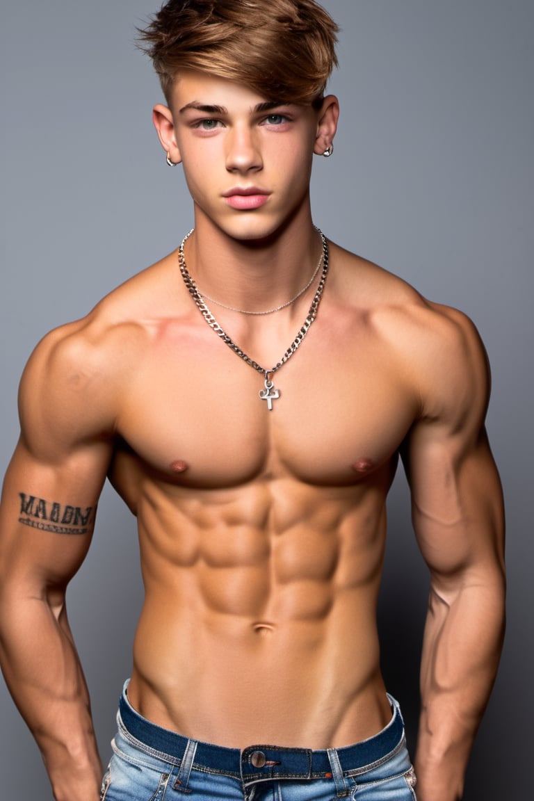 A stunning 16-year-old boy with a slender yet muscular physique stands confidently,  showcasing his chiseled eight-pack ab...