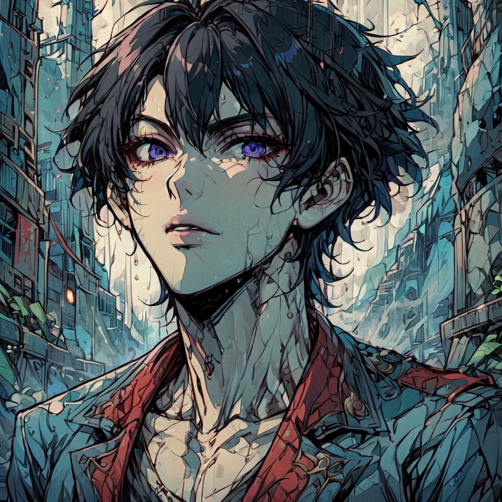 Highly Detailed, High Quality, Masterpiece, Beautiful, Dominant, Dark Fantasy, Anime, 80Style, Only One, portrait,Dark Manga of, Boy, OnlyBoy, AnimeBoy