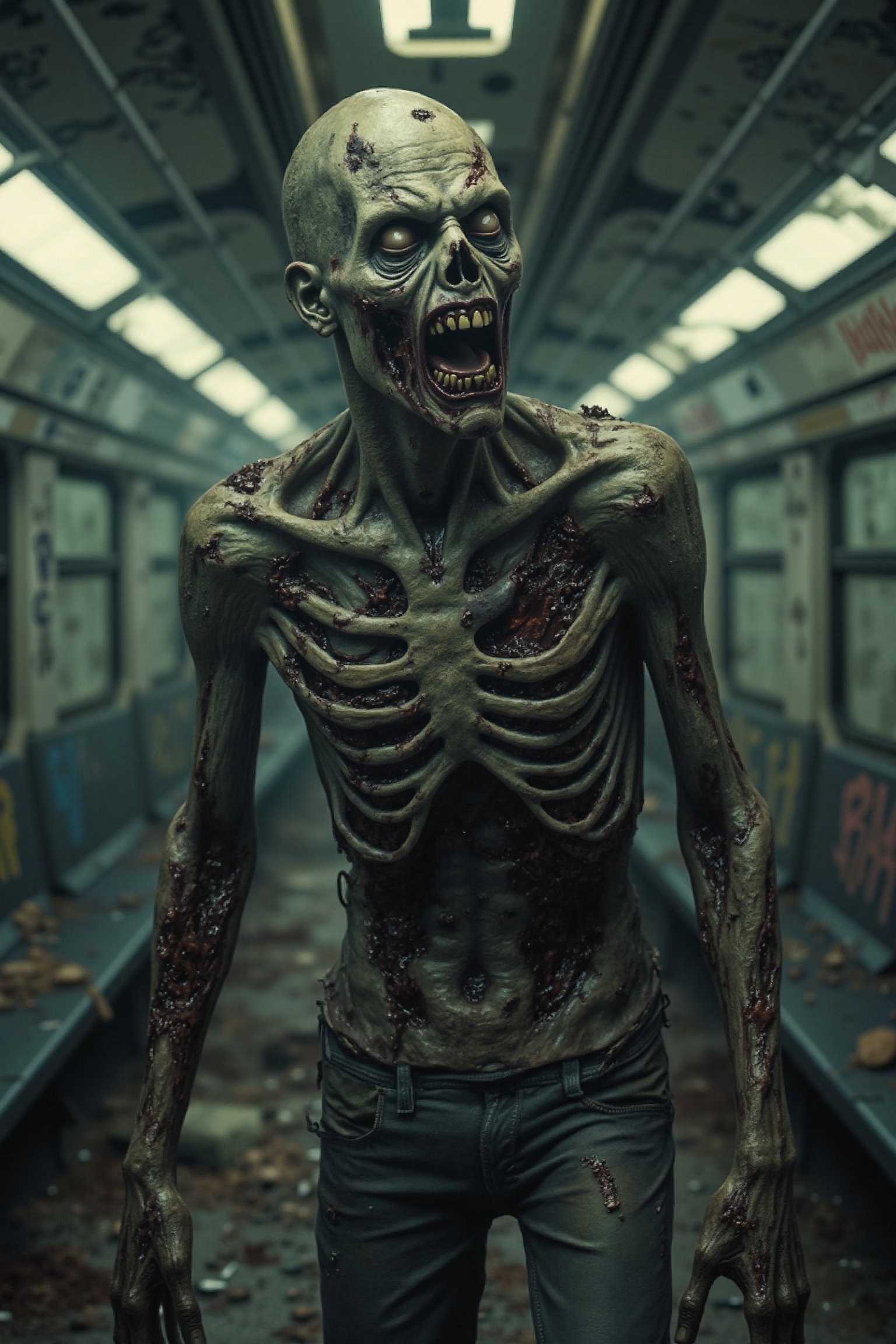 A close up of a zombie on a ruined subway train,  its interior littered with debris and graffiti. The zombie,  with torn c...