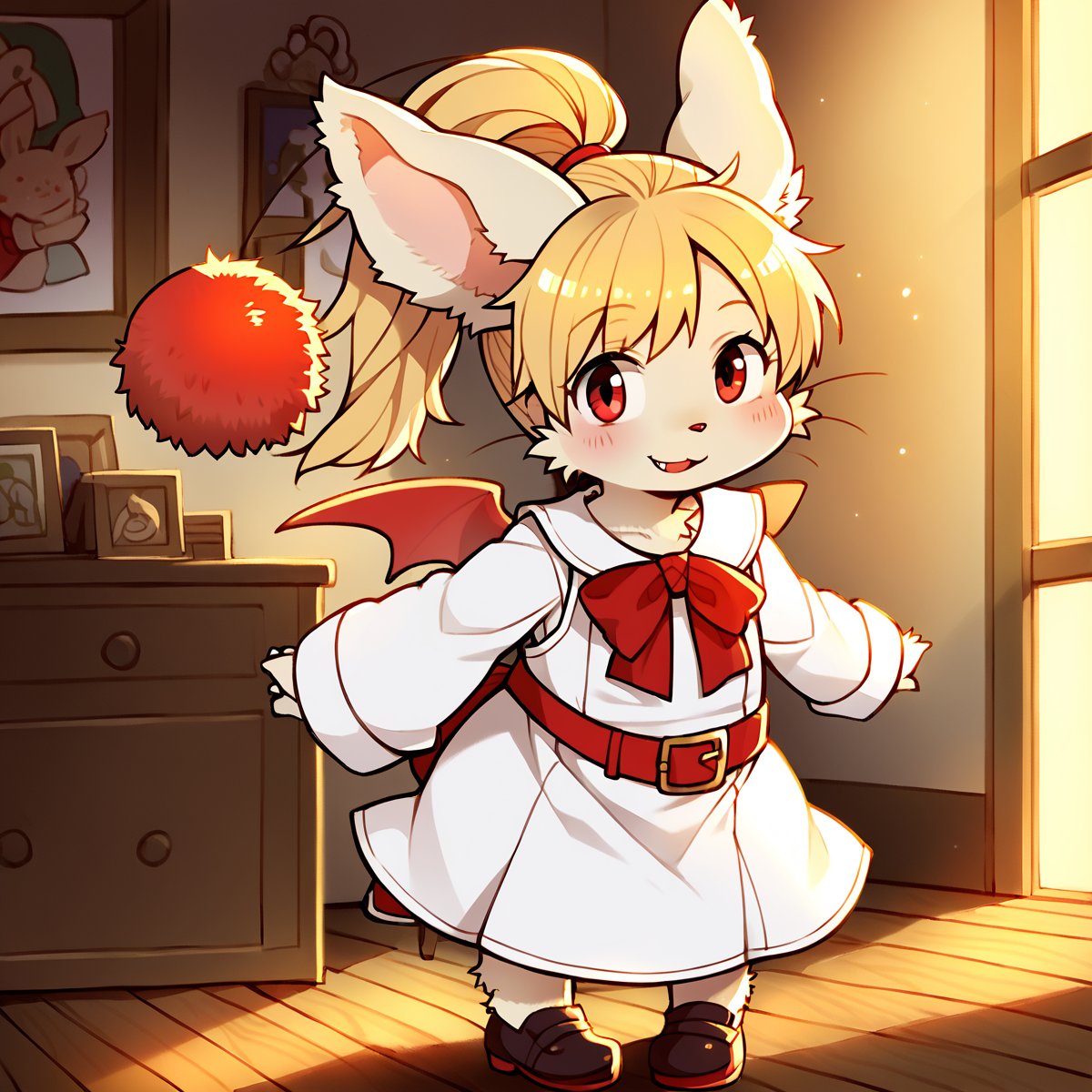 score_9, score_8_up, score_7_up, rating_safe, (Realistic:0.1), Digital Art, (raw:0.1) cute, best quality, solo, hi res, kemono, indoors, living room, moogle, female, ivory fur, fuzzy fur, blonde hair, long hair, red pompom, red wings, cute girl, side_ponytail, standing, (white dress, ribbon, shoes), faint smile, 