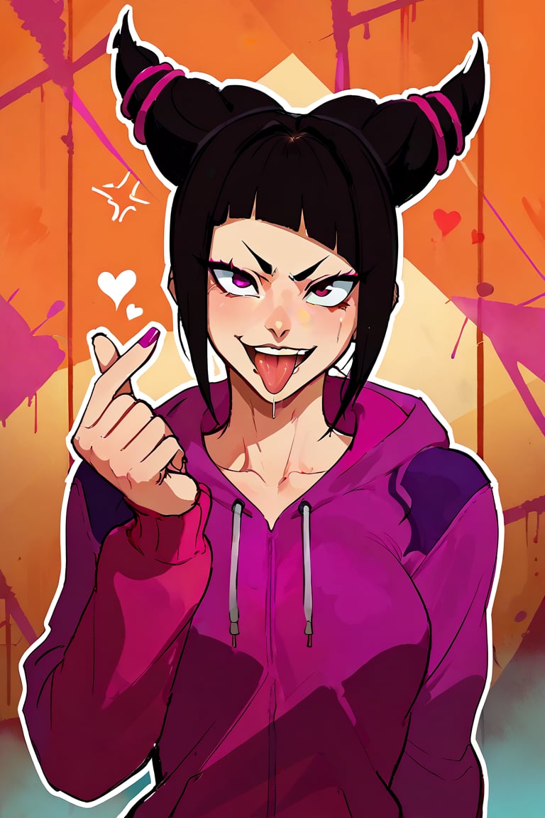 score_9, score_8_up, score_8., front view, 1girl, juri from street fighter, wearing a stylish spider hoodie, mouth open, tongue out, giving the heart hand gesture, solo, breasts, Graffiti background, looking at viewer, smile, upper body, ass, animification, , sketch,gesugao, disgust, half closed eye, smug,dark theme,concept art,Expressiveh