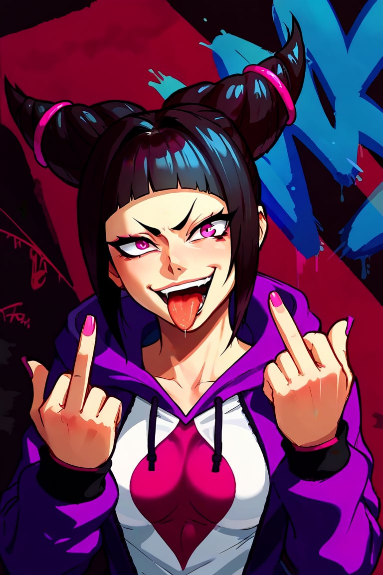 score_9, score_8_up, score_8., front view, 1girl, juri from street fighter, wearing a stylish spider hoodie, mouth open, tongue out, giving the middle finger, solo, breasts, Graffiti background, looking at viewer, smile, upper body, ass, animification, , sketch,gesugao, disgust, half closed eye, smug,dark theme,concept art,Expressiveh