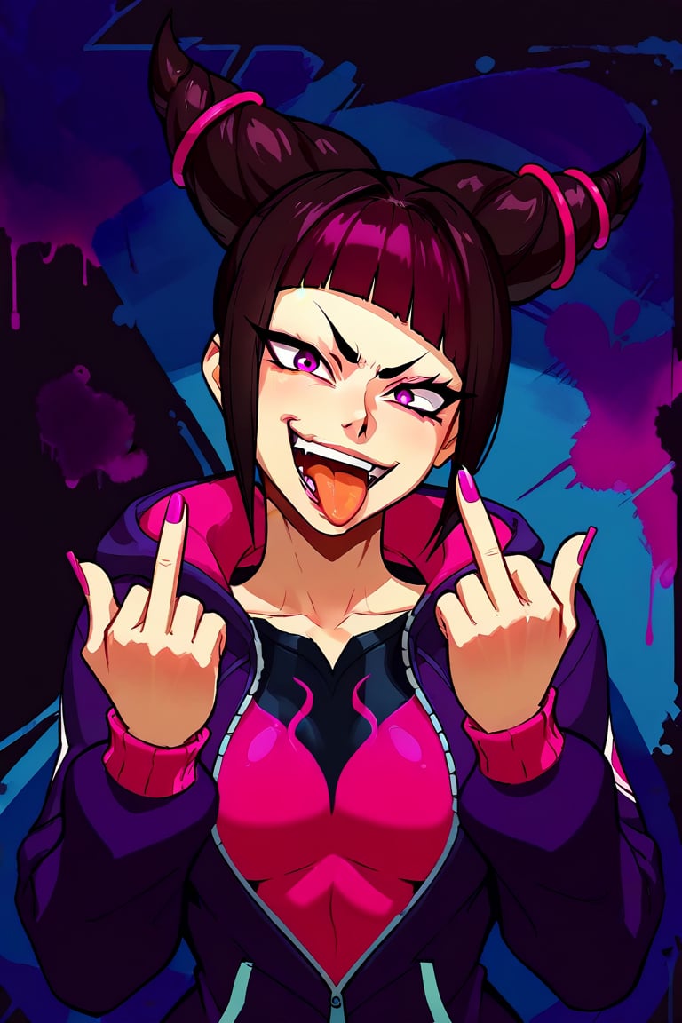 score_9, score_8_up, score_8., front view, 1girl, juri from street fighter, wearing a stylish spider hoodie, mouth open, tongue out, giving the middle finger, solo, breasts, Graffiti background, looking at viewer, smile, upper body, ass, animification, , sketch,gesugao, disgust, half closed eye, smug,dark theme,concept art,Expressiveh