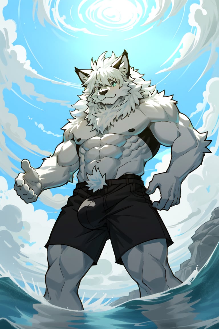 by_{girlsay}, muscular, cat, anthro, furry, arrogant, standing in the water, fluffy fur, fluffy anime hair, watertrunks, big bulge, view from below, black and white fur, white hair, fluffy pubic fur