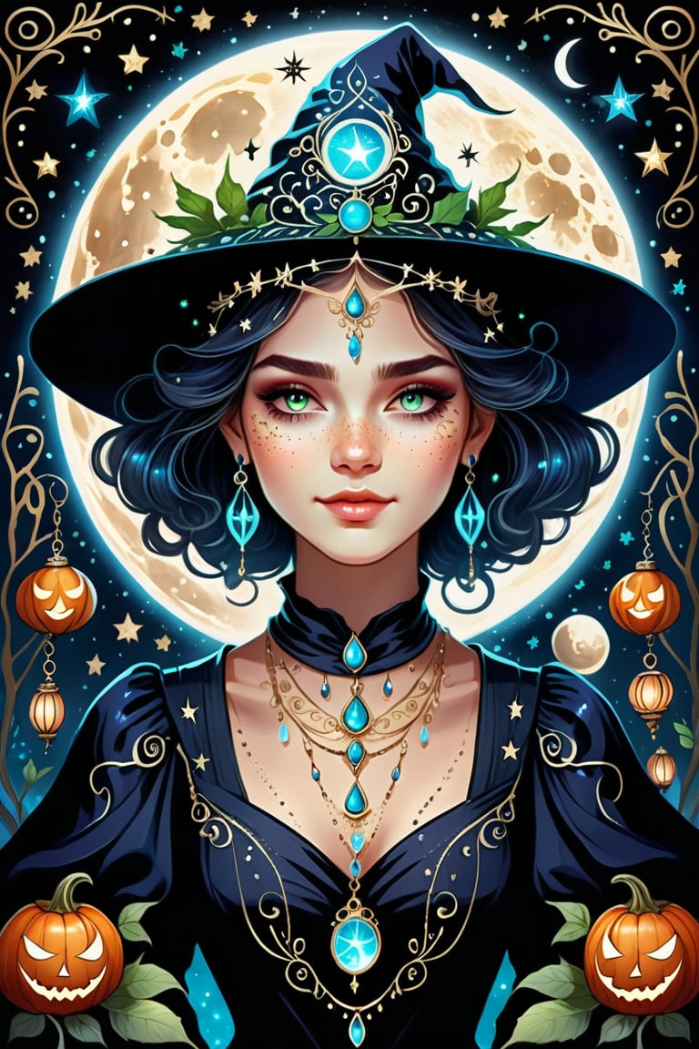 A mesmerizing white ink portrait of a young witch, capturing the essence of enchantment and mystique. The subject's delicate face isadorned with a sprinkle of freckles, large expressive eyes, and a cute, slightly parted mouth. Her shoulder-length hair is accessorized with a small, intricately designed headpiece. Surrounding her are magical elements, including a crescent moon, stars, and mystical plants. The artwork is rendered in the distinct Otto Schmidt style, with a black background that accentuates the intricate details and shading. This captivating piece transcends traditional illustration,