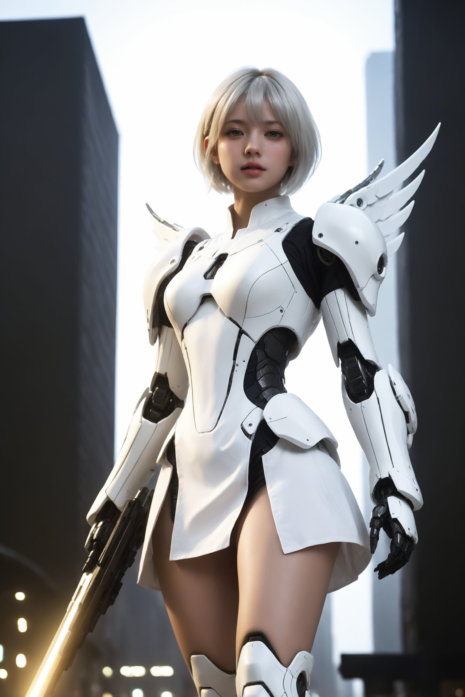 nspired,masterpieceabadon city,2b,nier automata, mecha armor, realistic, ,white suit,mecha leg,neon suit,detailed white skirt,mecha wing,