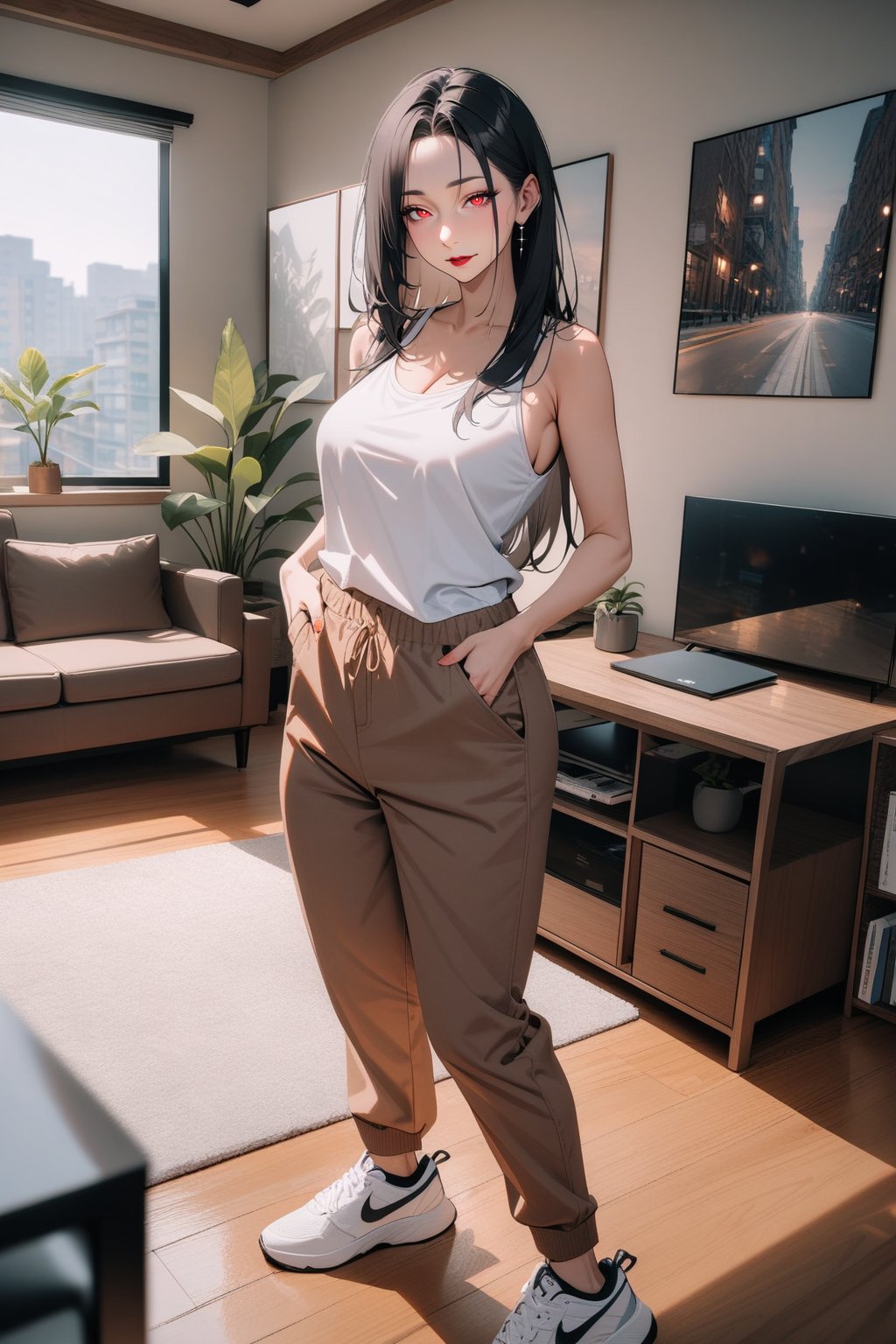 1girl, mature female, old, forehead, black hair, straight hair, long hair, tank top, brown skinny pants, sneaker, standing, living room, indoor, [fisheye lens:: 1], masterpiece, best quality, absurdres, very aesthetic, newest, General