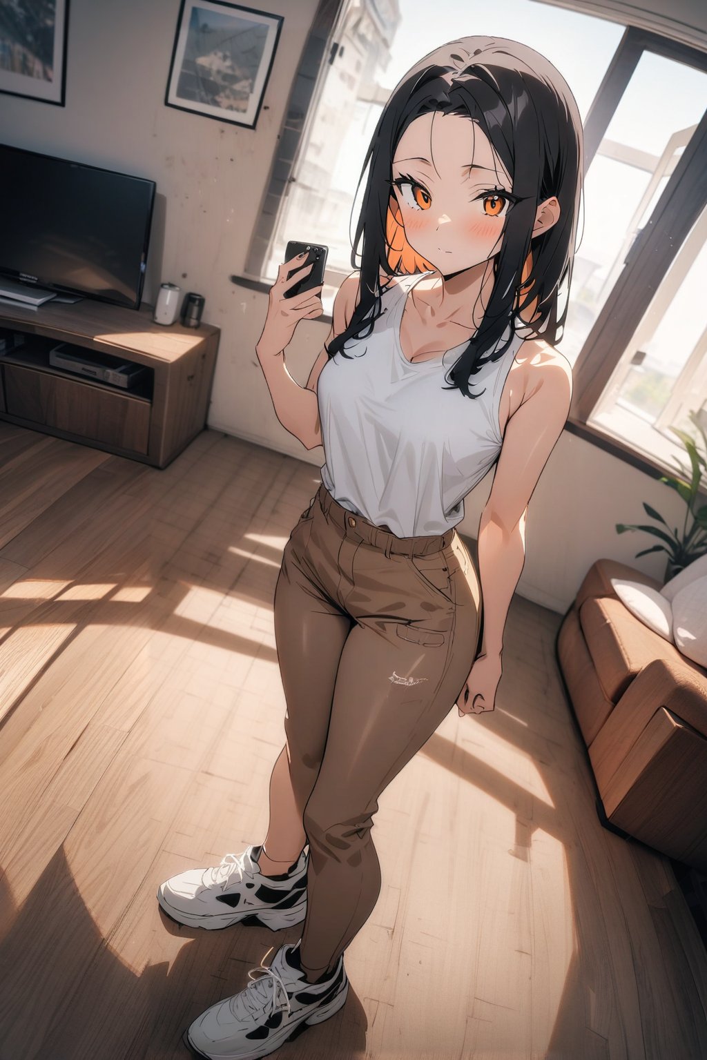 1girl, older female, forehead, black hair, straight hair, long hair, tank top, brown skinny pants, sneaker, standing, living room, indoor, [fisheye lens:: 1], masterpiece, best quality, absurdres, very aesthetic, newest, General