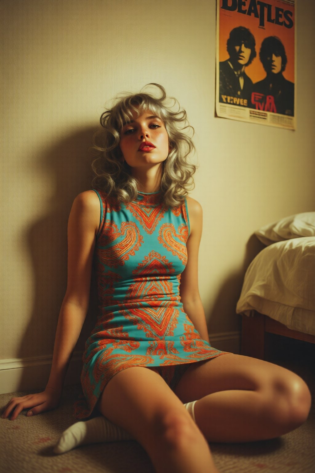 1960s psychedelic aesthetic,  young woman sitting on the floor against a plain wall,  wearing a tight sleeveless mini dres...