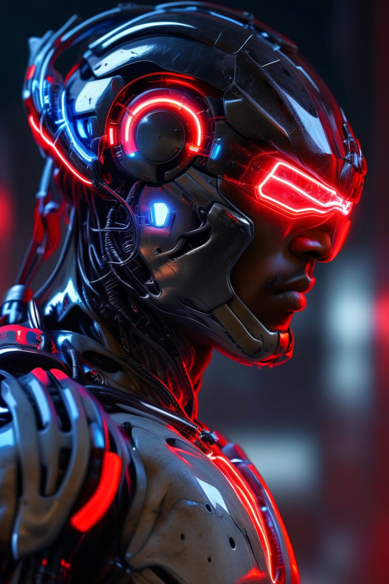 Black man, cyborg half glass helmet, cyborg armor, red neon lights, highly detailed, ultra HD, 4k resolution, CYT