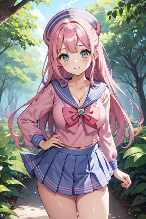 1girl,aqua eyes,pink hair,(sailor uniform:1.5),seductive,sexy,circle breasts,breasts,cleavage,thighs,face happy,looking at viewer,perfect anatomy,standing,(cleavage),mini skirt,blue skirt,pleated skirt,in the forest,in the tree