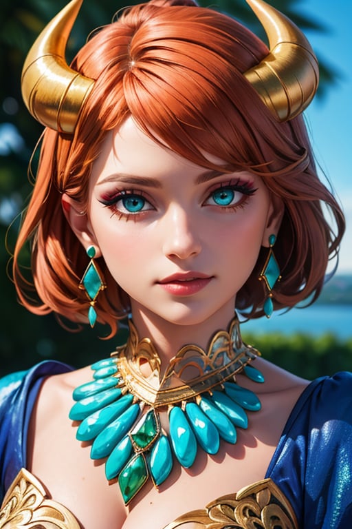 best quality, 4K, 8K, high-resolution, masterpiece, ultra-detailed, photorealistic,  a beautiful woman in an orange and blue dress with a headdress made out of turquoise and emeralds, woman, looking at viewer, blue eyes, jewelry, green eyes, earrings, horns, makeup, portrait, gem, realistic, straight-on, blue gemstone, green gemstone