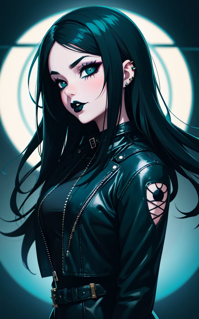 a girl with a leather jacket,inspired by rossdraws,gothic art,with long hair and piercing eyes,anime girl wearing a black dress,with teal clothes,(white skin),(thick black lipstick),(deep black eyes),lois van baarle,charlie bowater and artgem,glossy painting