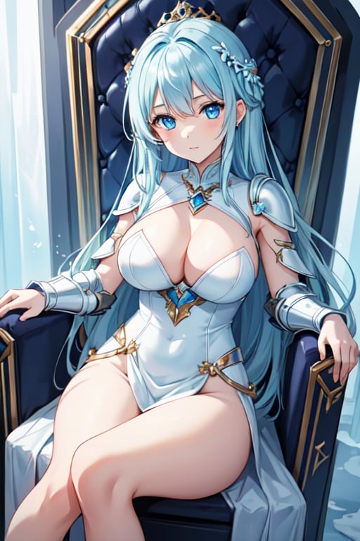 young girl, alone, sitting on a throne of ice,cleavage,large_breast, wearing ice armor, looking at viewer, icy blue eyes