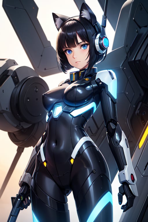 1girl,android,animal ears,bangs,black hair,blue eyes,bodysuit,breasts,cat ears,covered navel,expressionless,glowing,headgear,headphones,looking at viewer,machinery,mecha,mecha musume,medium breasts,robot,science fiction,short hair,solo,standing,