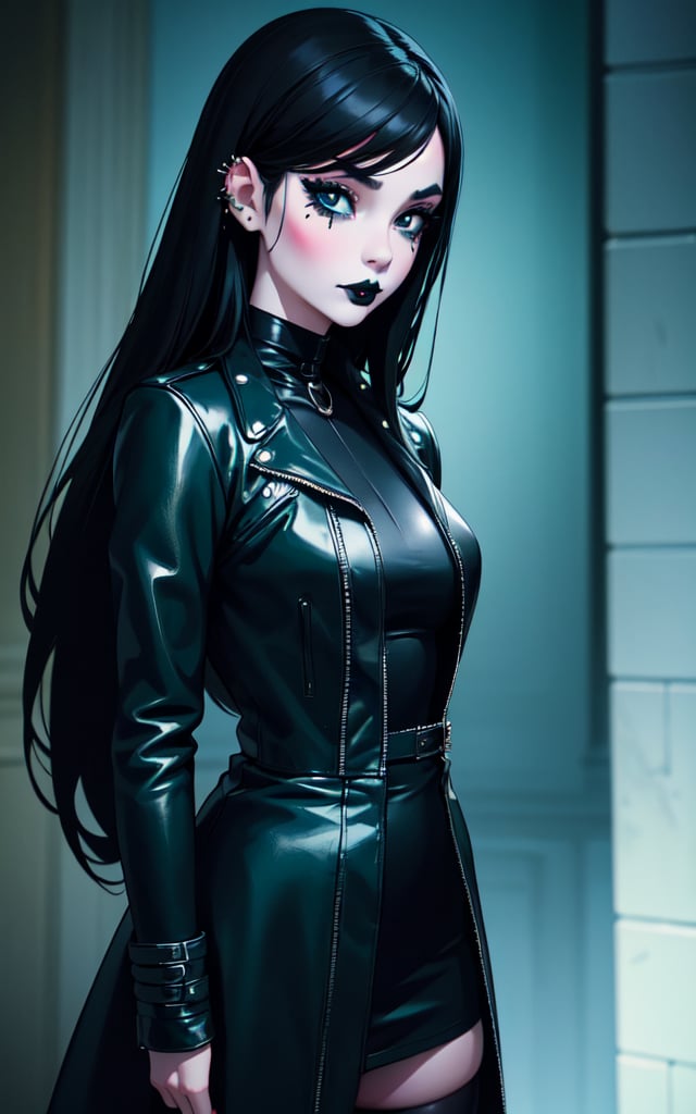 a girl with a leather jacket,inspired by rossdraws,gothic art,with long hair and piercing eyes,anime girl wearing a black dress,with teal clothes,(white skin),(thick black lipstick),(deep black eyes),lois van baarle,charlie bowater and artgem,glossy painting