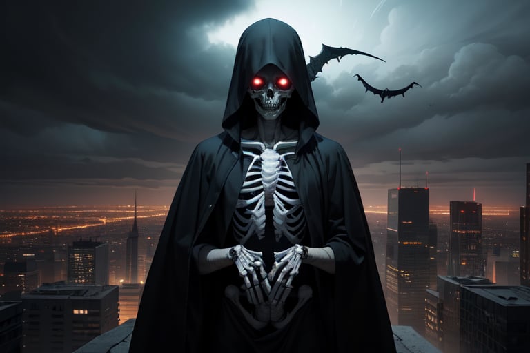 (masterpiece), (best quality), (ultra-detailed), (solo),A foreboding figure of death looms over a sprawling metropolis, his skeletal form casting a chilling shadow over the city below. The Grim Reaper, cloaked in tattered black robes, is adorned with intricate, silver-embroidered symbols of mortality. In a highly detailed oil painting, the figure's hollow eyes radiate with an otherworldly glow, contrasting against the dark, stormy skies above. This hauntingly captivating image seamlessly blends the themes of life and death, drawing viewers into a macabre yet stunning interpretation of urban decay.