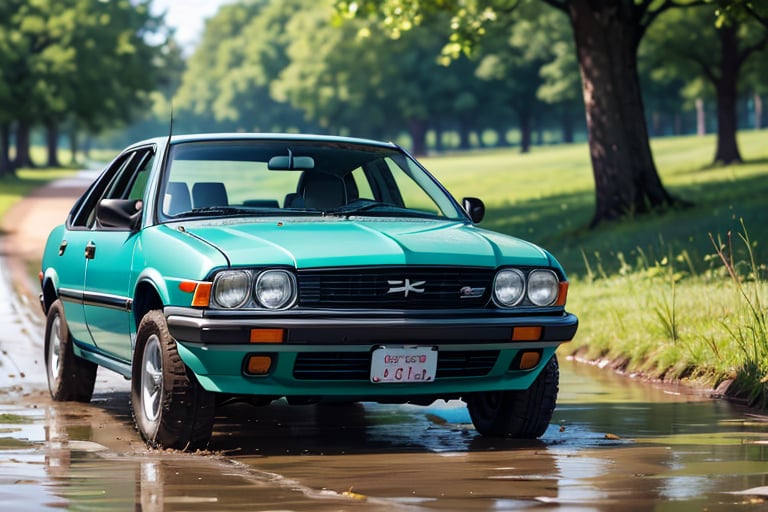 best quality, 4K, 8K, high-resolution, masterpiece, ultra-detailed, photorealistic,  a toy car sits on a muddy road in front of a green grassy field with trees in the background, outdoors, blurry, tree, no humans, blurry background, depth of field, motor vehicle, car, vehicle focus, license plate, headlight