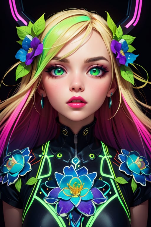 A vibrant and hyper-detailed portrait of a woman's face illuminated with neon light. Her face is adorned with intricate, glowing floral patterns and botanical elements. Her eyes are glowing neon green, and her lips are highlighted with neon light. The background is dark, enhancing the glow of the neon details. The overall style is a fusion of neon art and botanical motifs, creating a mesmerizing and surreal composition. (hyper-detailed, neon light, glowing floral patterns, botanical elements, neon green eyes, neon-highlighted lips, dark background, fusion of neon art and botanical motifs, mesmerizing, surreal)