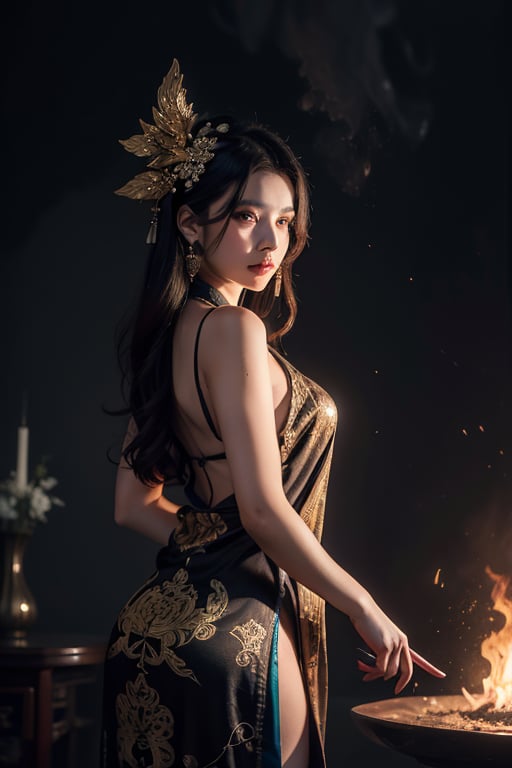 In a dimly lit, mystical realm, Daji stands poised, her luxurious black hair flowing like a waterfall down her back. Her piercing eyes gleam with cunning allure, hypnotizing the viewer. She wears an elegant, intricately patterned traditional Chinese robe, exuding both refinement and menace. Swirling clouds and faintly glowing symbols in the dark background enhance her enigmatic presence. Framed by wispy tendrils of fog, Daji's striking features seem to materialize from the shadows, as if summoned by ancient magic.