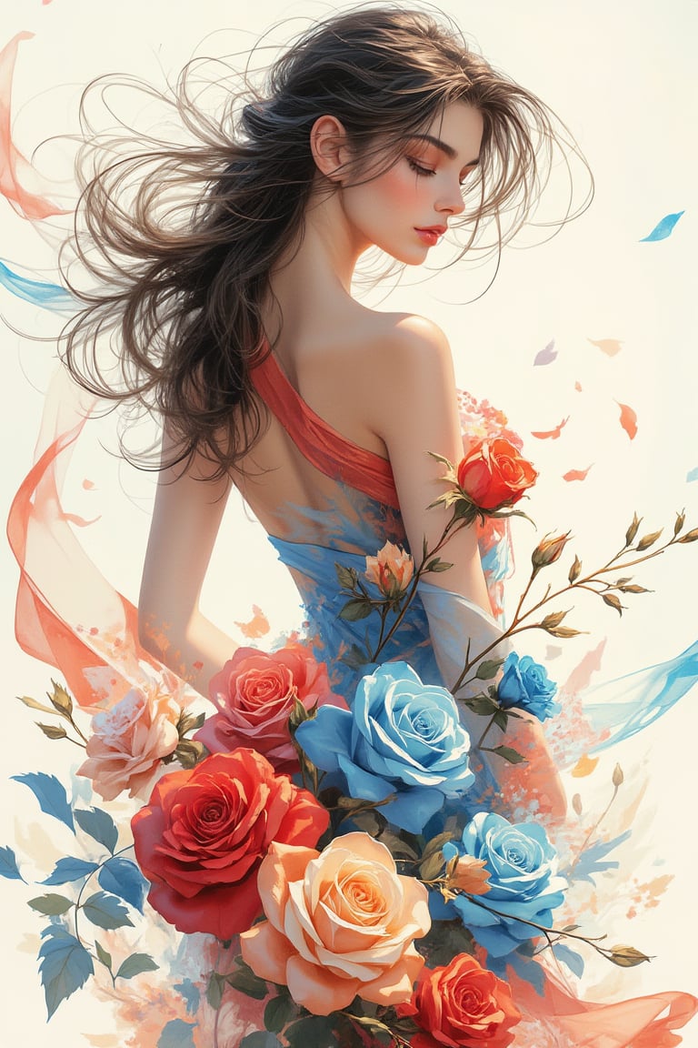 A stunning vector illustration photo of a European beautiful and charming young woman delicately formed from vibrant roses in red, orange, blue, white, yellow, and pink tones. The roses dance gracefully in the wind, creating a mesmerizing effect with their smooth, expressive movements. The illustrations are presented in a painterly style that captures the essence of summer, highlighting the beauty of nature and the power of the voluptuous curves of the female body. Beautifully displayed with intricate details, this mesmerizing work of art celebrates the harmony between nature and the human spirit.