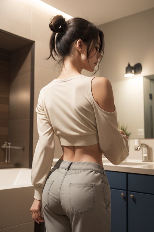 masterpiece, best quality, 21yo girl, black hair, shoulder-length hair tied back into a low ponytail, wearing a fitted, long-sleeved blue crop top with buttons down the front and beige high-waisted, loose-fitting pants, plumpy. Standing in a bathroom, with a modern and warm-toned interior design. leaning slightly forward, with her hands on the counter. The background features yellow lighting on the ceiling accentuating the room's cozy atmosphere