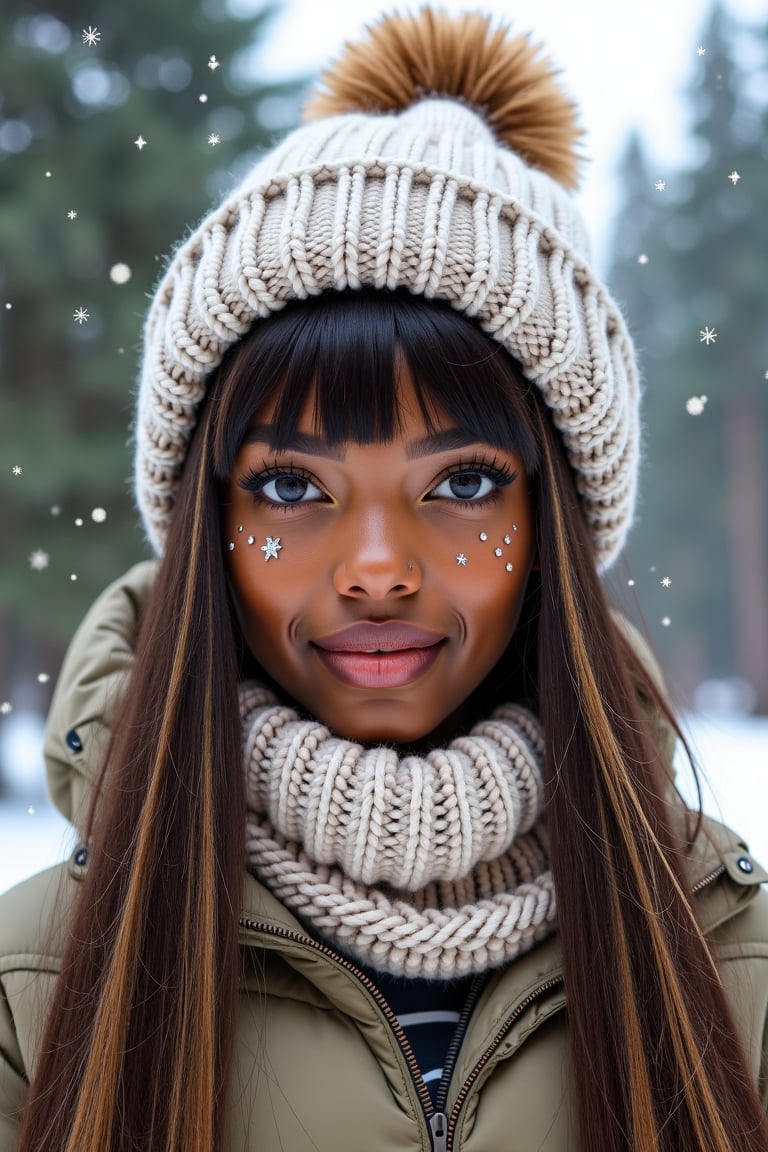  beautiful young black African woman, straight shiny hair with bangs on the forehead, brown with golden highlights without frizz, star makeup with silver glitter, brown eyes, luscious lips, without imperfections, fleece down jacket, wool hat with fur pompom, scarf in wool, background pattern with a forest of tall green fir trees, snow, snowflakes, winter season, very sharp photo, 8k