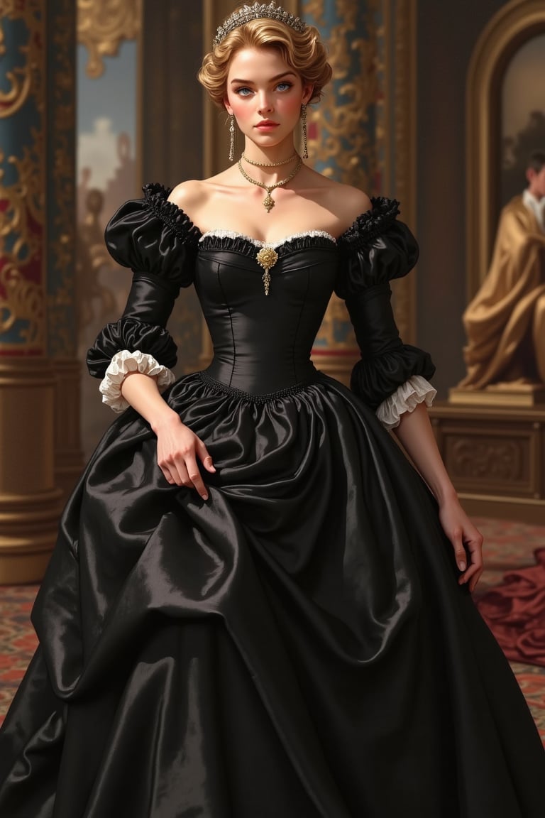 ( Dolly Parton, Brie Larson, Jane Seymour, Christina Hendricks, Kat Dennings, Angelina Jolie, Florence Pugh as 18th century noble, realistically detailed shading, 8 k, hyper realistic art, photo realism, deviantart, black satin dress,