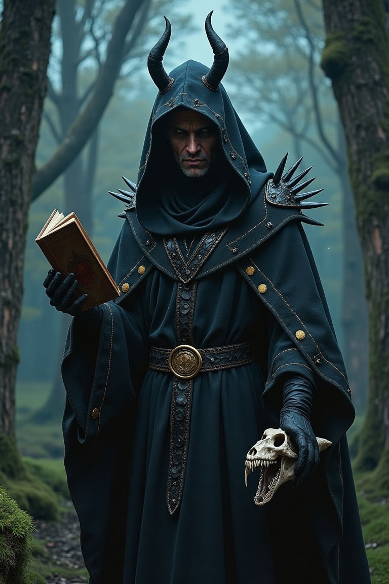   The mage's appearance: evil and mystical, with spiky robes that seem made of black cloth with golden stitches. Accessories: a book in one hand and mysterious beast skull in another hand, symbolizing their magical power. Expression: a dark evil gaze that hints at their ancient knowledge and mystical prowess. Background: A mystical forest under a starry sky, blending the natural with the magical.