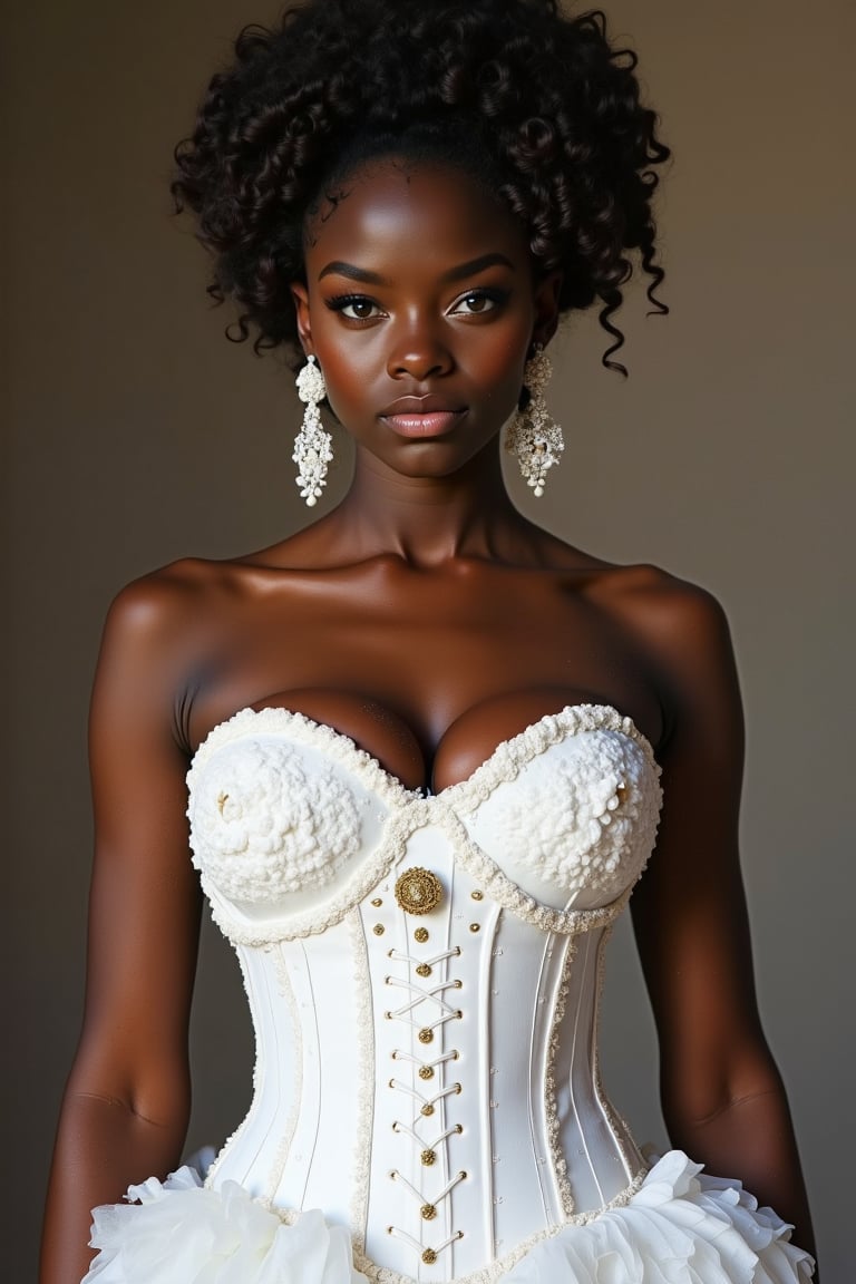   A beautiful Black queen with large bust in a white corset