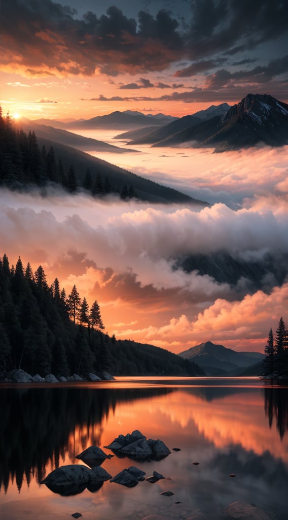 pic of a magnificent sunset over a mountainous landscape, where the high peaks are bathed in a golden light and the sky is painted with soft shades of orange and pink. The clouds extend in dramatic shapes, criando uma cena deslumbrante e serena. No primeiro plano, There is a tranquil lake reflecting the beauty of the sky, while silhouetted trees add a touch of mystery to the landscape. The balanced composition and vastness of nature captured in a convey a sense of calm and wonder at the grandeur of the natural setting. 