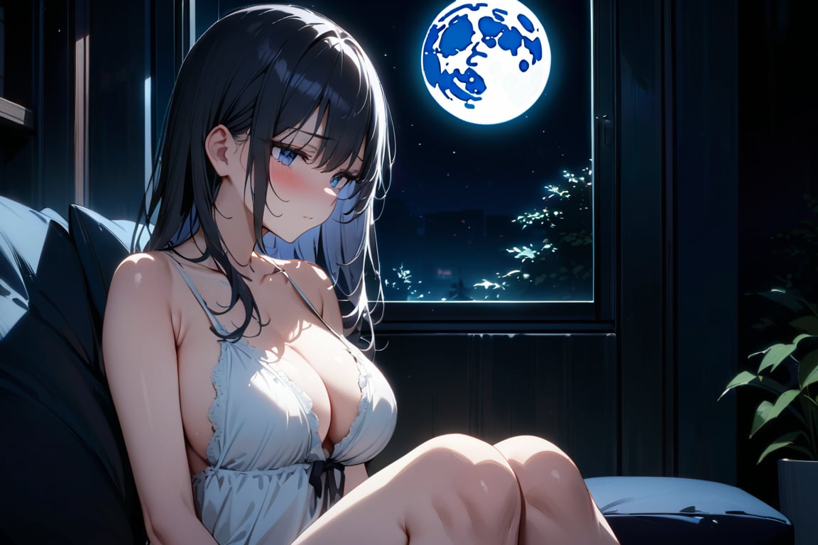 Highly detailed, high quality, masterpiece, beautiful, Anime girl, long black hair, big breasts, defined curves, white nightgown, sad look, blushing, looking at the moon, sitting on sofa by window, big window background, full moon, dark room, cold room, lonely, cold light, at night