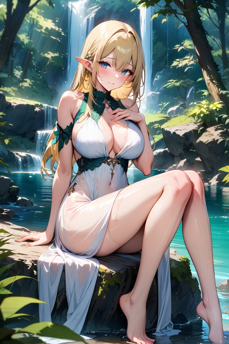 Highly detailed, high quality, masterpiece, beautiful, anime girl, long blonde hair, defined curves, pointed ears, fair skin, big breasts, happy look, blushing, hand on chest, sitting on a rock, translucent white dress, with dark green edges, bare feet, legs extended, hand on the rock, background: lush forest, waterfall, clear river, rocky edges, rays of light between the trees,