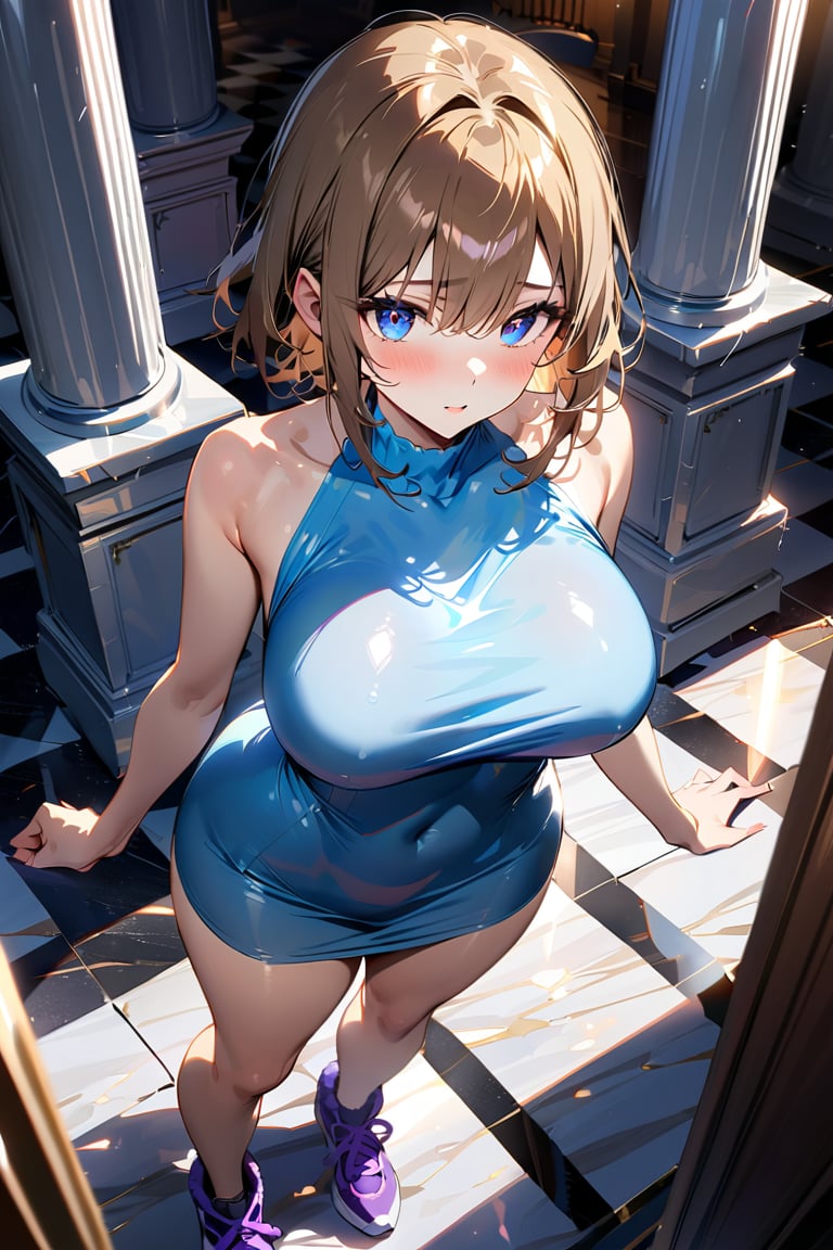 Highly detailed, high quality, masterpiece, beautiful, anime girl, big breasts, short brown hair, tight light blue dress, bare thighs, insecure look, blushing, tilted view from above, purple sneakers, background: elegant building, warm light, white and brown checkered floor, marble columns, lamps on the wall,