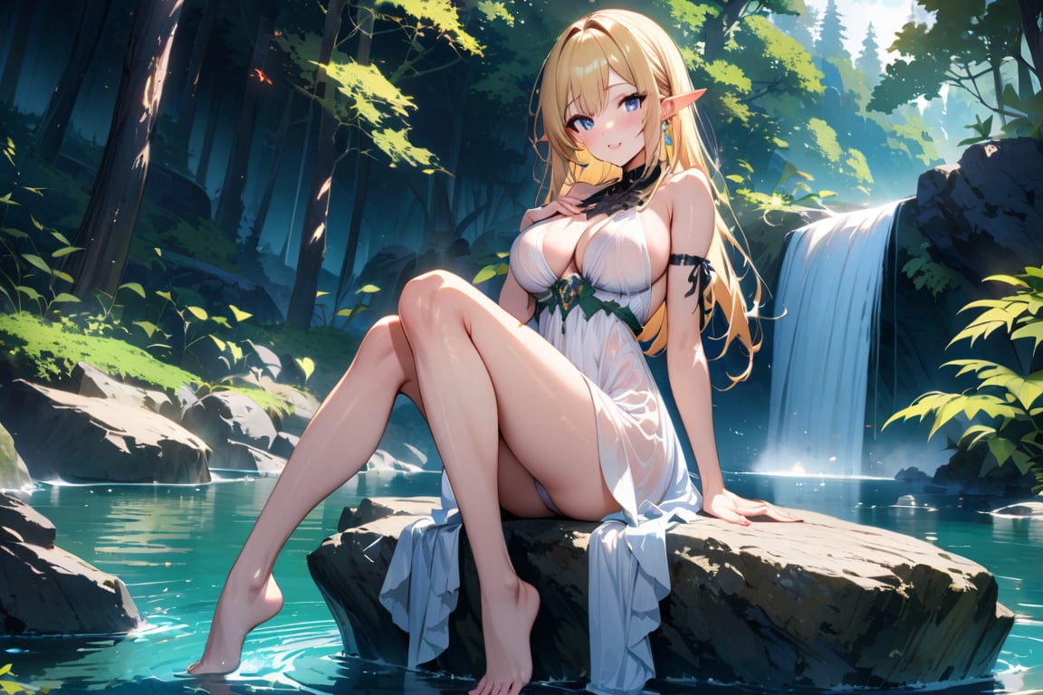 Highly detailed, high quality, masterpiece, beautiful, anime girl, long blonde hair, defined curves, pointed ears, fair skin, big breasts, happy look, blushing, hand on chest, sitting on a rock, translucent white dress, with dark green edges, bare feet, legs extended, hand on the rock, background: lush forest, waterfall, clear river, rocky edges, rays of light between the trees,