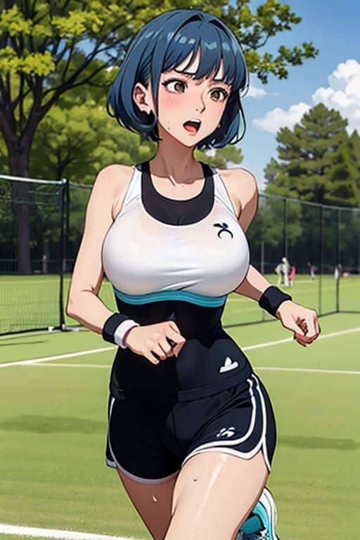 Anime girl, short blue hair, running in the park, tight black sports shorts, tight black sports bra, big breasts, defined curves, white cable headphones, blushing, sweaty, white tennis shoes, green soles, background: park with many trees, In the morning, men running after,